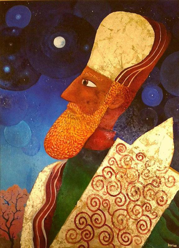 Judaic art: A High Priest of the Second Temple period holding a Sefer Torah, contemplating the moon.
