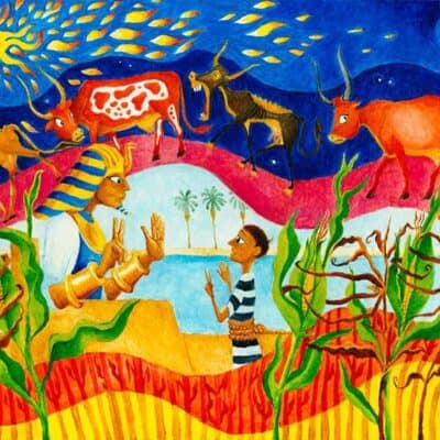 Miketz: illustrated Torah portions, Bible art, Old Testament art, Joseph interpreting Pharaoh's dream.