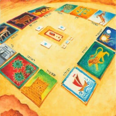 Bamidbar: The Twelve Tribes encamped around the Tabernacle. Aerial view, with each Tribe represented by its flag.