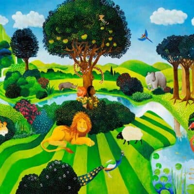 Biblical art for sale: Torah portion illustrations, Old Testament Biblical art, The Garden of Eden, Bereishit, Genesis, Adam and Eve. Naive painting showing Adam and Eve in an idyllic, manicured garden, surrounded by friendly animals.