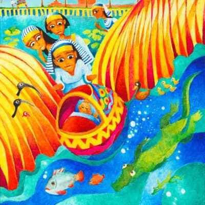 Parshat Shemot: Moses in the bulrushes: colorful Biblical artwork