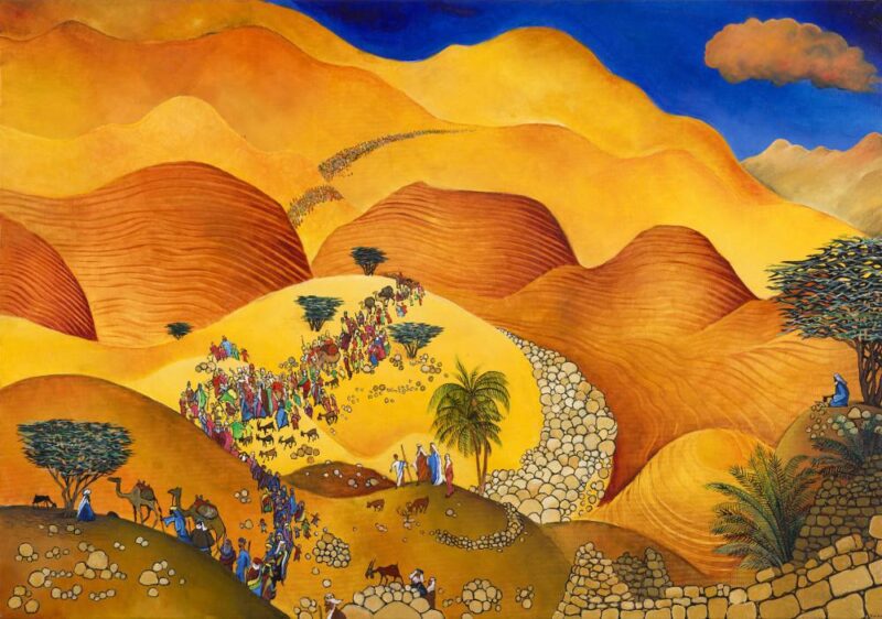 Naive Jewish art: The Promised Land, original painting: The people of Israel are entering the Promised Land, the land of milk and honey, over a sea of bright, orange-gold desert hills and boulders.