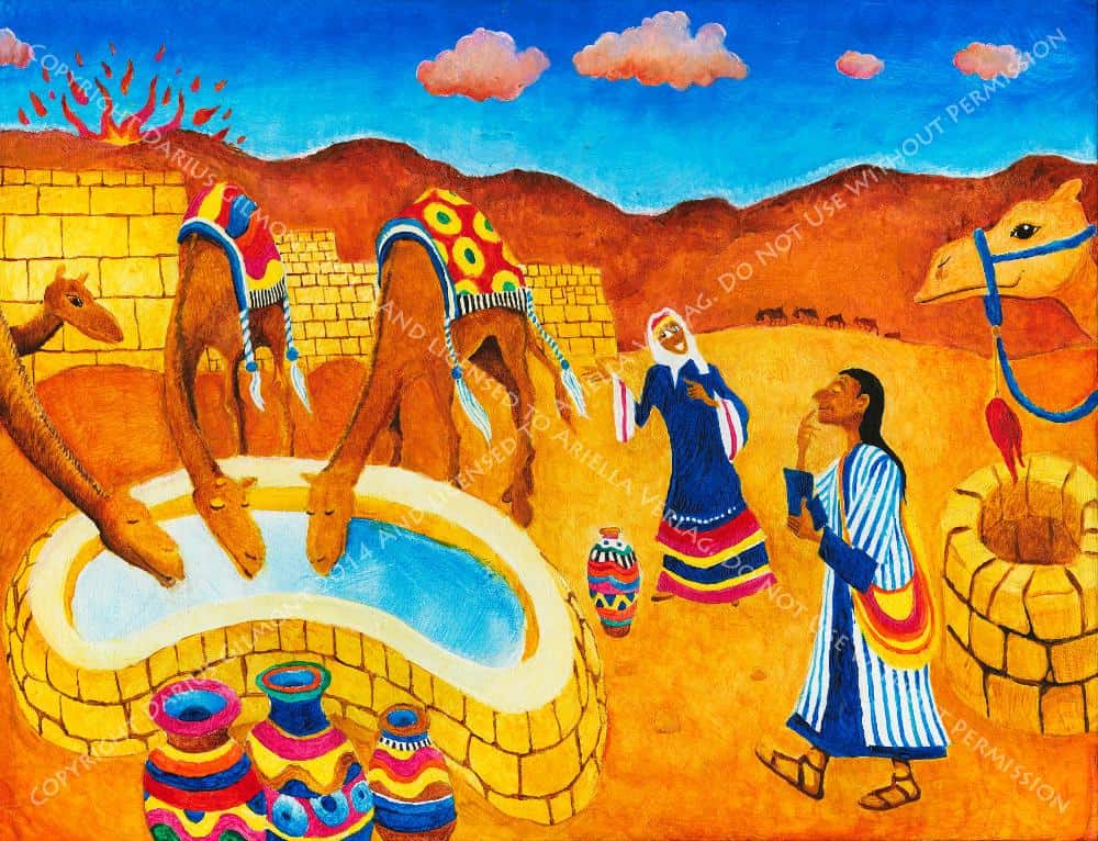 Eliezer knows that Rivka meets the criterion of kindness to be chosen to marry Yaakov, but he hasn't told her yet. He has a cheeky and secretive look, while Rivka waters the camels.