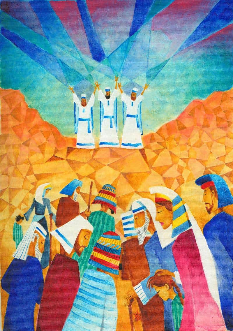 Parshat Naso: The Priests blessing the People, whose eyes are downcast in the traditional acceptance of the blessing.