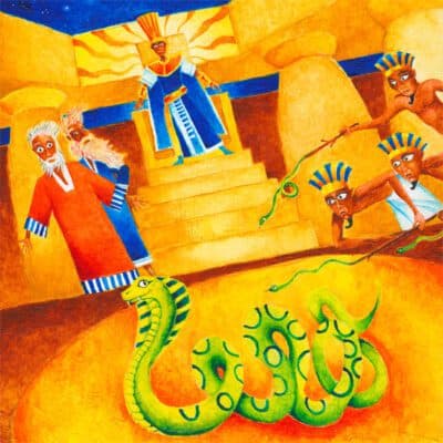 Va'era: Moses, Aaron, Pharaoh and the serpents.