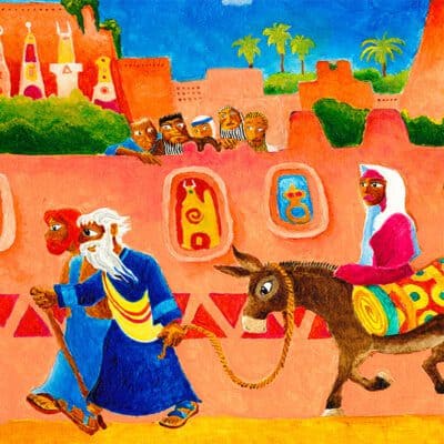 Lech Lecha (detail); artwork showing Abraham, Sarai and Lot leaving the city of Ur.
