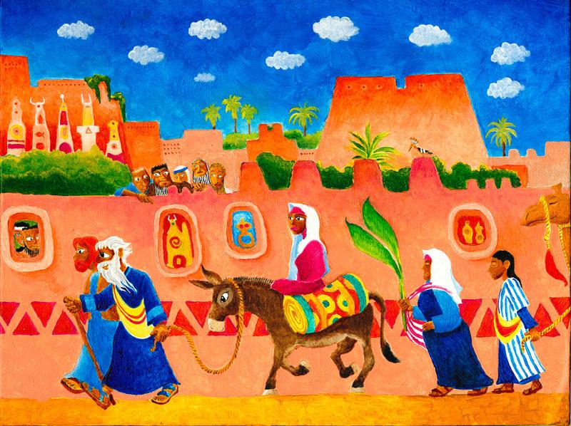illustrated Torah portions, Bible art, Old Testament art, Bible illustration: Parshat Lech Lecha. Avram, Sarai and Lot set out for the Promised Land.