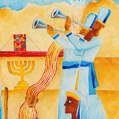 Behaalotecha: The Kohanim blowing the silver trumpets (Biblical artwork)