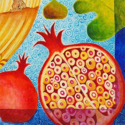 Parshat Ekev: drawing of a pomegranate, and a fig (detail of larger artwork)