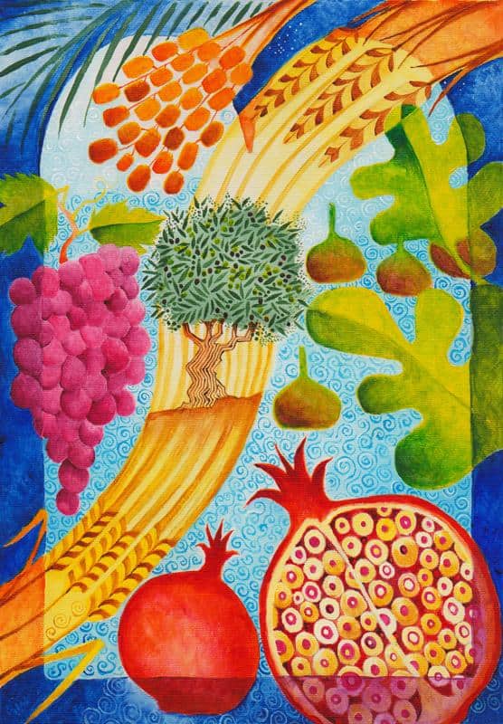 Parshat Ekev: illustrated Torah portions, Bible art, Old Testament art, The seven species: Parshat Ekev: Torah art; Bible art