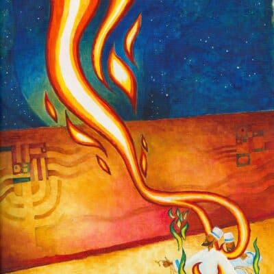Parshat Shemini: Aaron's sons are consumed by fire, having brought their own "foreign fire" (shown in green) to the Tent of Meeting.