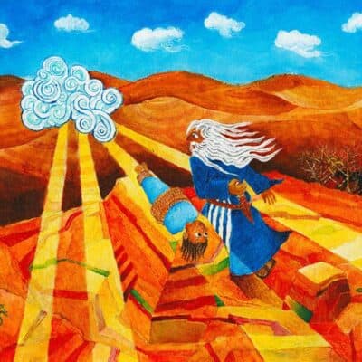 The Binding of Isaac: illustrated Torah portions, Bible art, Old Testament art, Bible illustration; The Akeda: Abraham is about to sacrifice his son Isaac, but is stopped by the angel, here depicted as a cloud emanating light.