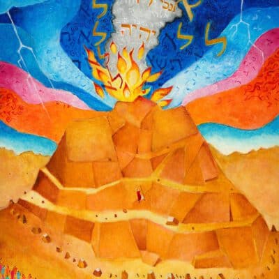 Biblical art for the home. Parshat Yitro: illustrated Torah portions, Bible art, Old Testament art, Parshat Yitro - the revelation at Sinai shown in a colourful naive painting.
