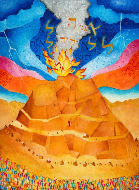 Biblical art for the home. Parshat Yitro: illustrated Torah portions, Bible art, Old Testament art, Parshat Yitro - the revelation at Sinai shown in a colourful naive painting.