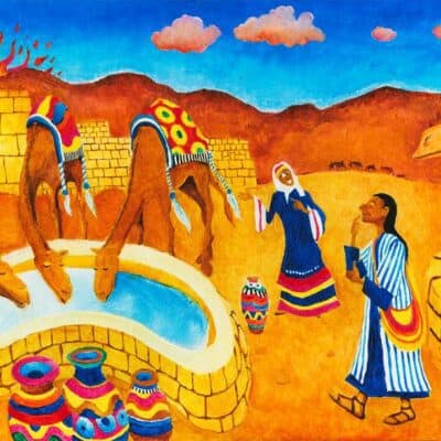Chayei Sarah: illustrated Torah portions, Bible art, Old Testament art, Abraham's servant, Eliezer, meets Rebecca at the well.