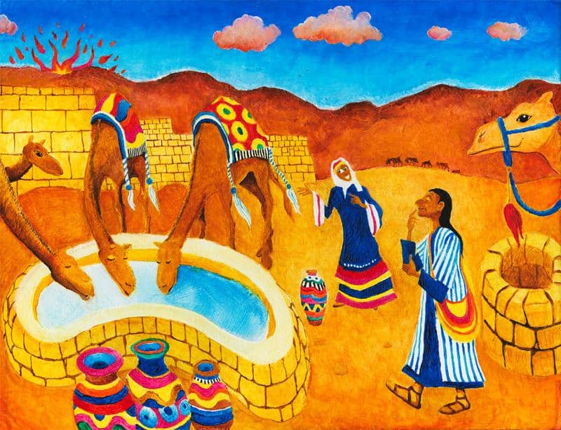 Chayei Sarah: illustrated Torah portions, Bible art, Old Testament art, Abraham's servant, Eliezer, meets Rebecca at the well.