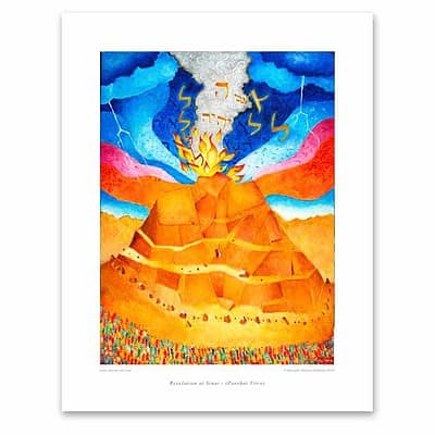 The Revelation at Sinai: Artwork showing Mount Sinai with fire on top, Moses receiving the Torah, the People of Israel gathered below, and a colorful sky with Hebrew letteres representing G-d's voice.