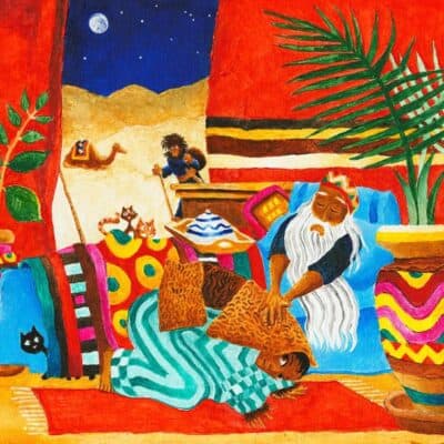 Toldot: illustrated Torah portions, Bible art, Old Testament art, Toldot: Jewish Biblical art: Jacob receives the blessing from his father Isaac while Esau approaches, unsuspecting.