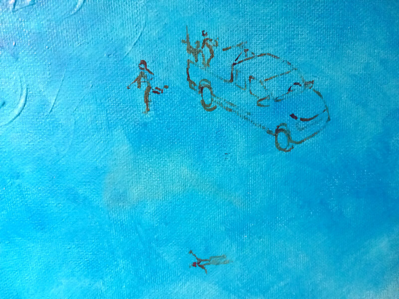 7 October: A sketch of Hamas killers arriving at a kibbutz in a pick-up.