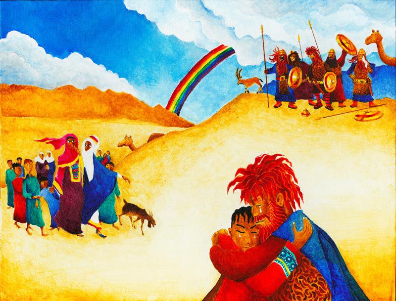 illustrated Torah portions, Bible art, Old Testament art, The reconciliation of Jacob and Esau