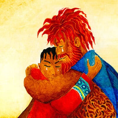 Vayishlach: Jacob and Esau hugging (detail of artwork)