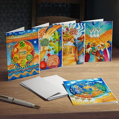 Jewish Holidays: Bible art cards: Several greetings cards depicting Jewish Biblical themes stand on a table, with envelopes and a pen, in a dark room in warm lighting.