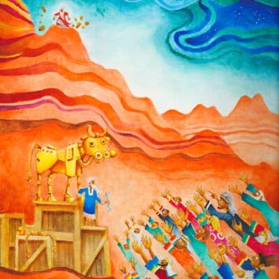 ki tisa, artwork showing people worshipping the golden calf, and Moses breaking the tablets on the mountain.