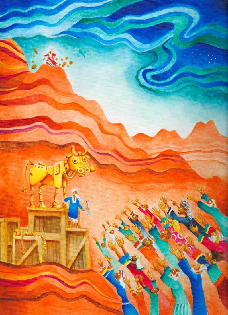 ki tisa, artwork showing people worshipping the golden calf, and Moses breaking the tablets on the mountain.