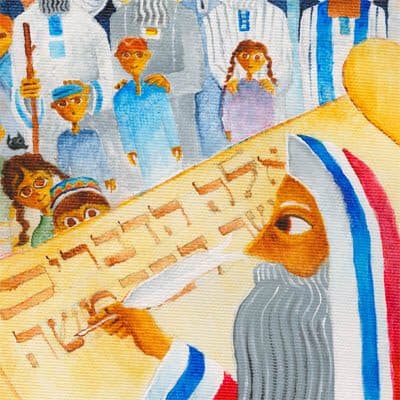 פרשת וילך Parshat Vayelech: Moses writing the Torah (detail of artwork)