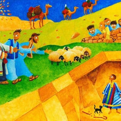 Vayeshev: illustrated Torah portions, Bible art, Old Testament art, Joseph is in the pit, wearing his multi-coloured cloak. His brothers are selling him to a passing merchant. Hapless sheep graze, while Joseph's remaining brothers look on from behind a stone wall.