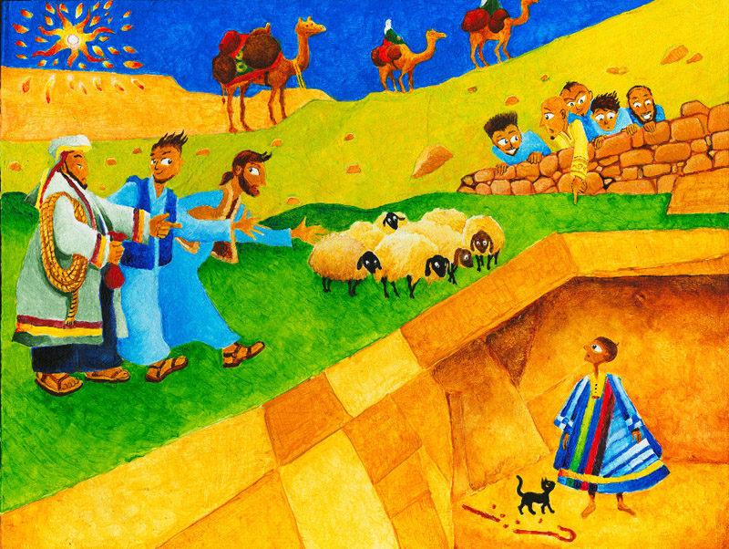 Vayeshev: illustrated Torah portions, Bible art, Old Testament art, Joseph is in the pit, wearing his multi-coloured cloak. His brothers are selling him to a passing merchant. Hapless sheep graze, while Joseph's remaining brothers look on from behind a stone wall.