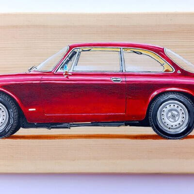 Alfa Romeo GT 1300 Junior, original painting on wood. Dark red car.