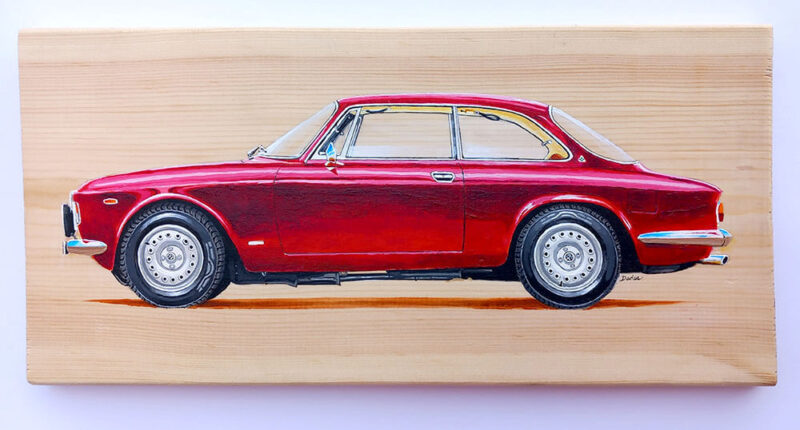 Alfa Romeo GT 1300 Junior, original painting on wood. Dark red car.