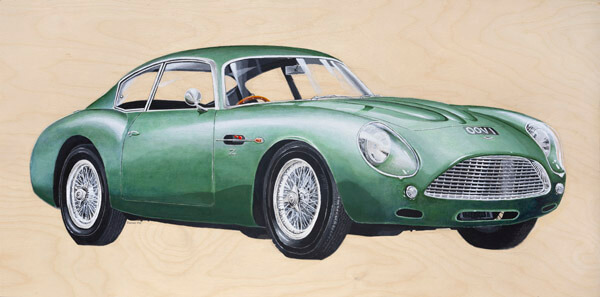 Aston Martin DB4 Zagato artwork by Darius Gilmont. Classic car painting on wood panel.