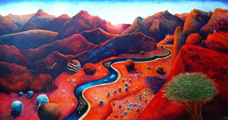Contemporary Biblical Art. Landscape painting with desert valley at dawn. Pilgrimage to holy river. Twelve tribes