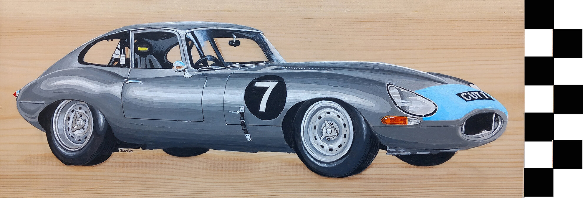 Car art on wood: Lightweight racing E-type, CUT 7.