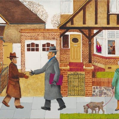 Jewish art piece showing two orthodox men greeting each other on Shabbat in an English suburban street.