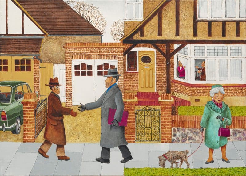 Jewish art piece showing two orthodox men greeting each other on Shabbat in an English suburban street.
