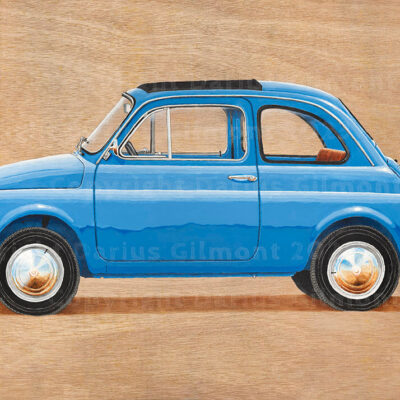 Historic car art: Car painting on wood: Fiat 500 artwork. Blue Fiat 500L (1968) Cinquecento.