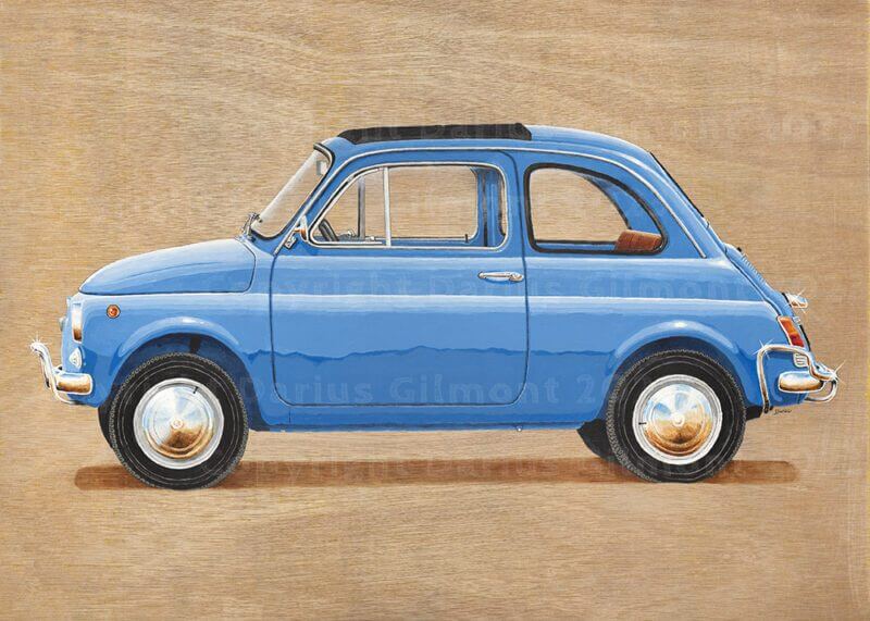 Car paintings on wood: Fiat 500 artwork. Blue Fiat 500L (1968) Cinquecento.