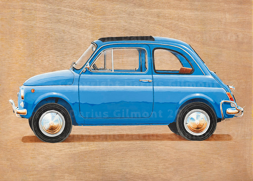 Car paintings on wood: Fiat 500 artwork. Blue Fiat 500L (1968) Cinquecento.