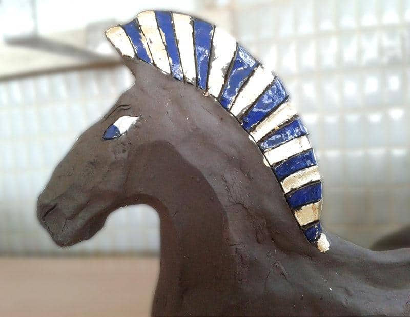 Ancient Egyptian Horse Sculpture - ceramic with underglaze and gold leaf