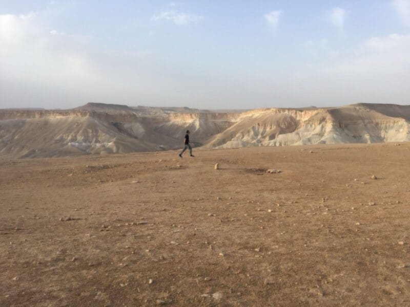 The artist walking in the desert