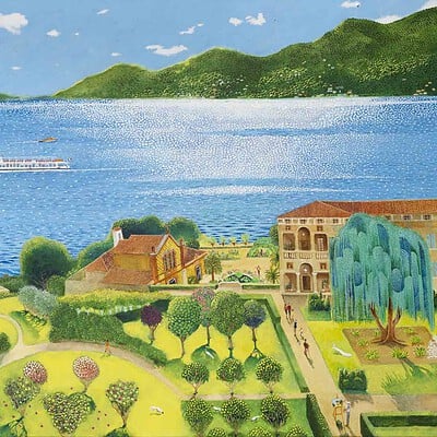 Isola Madre shown in a colourful landscape painting with the lake, villa and gardens