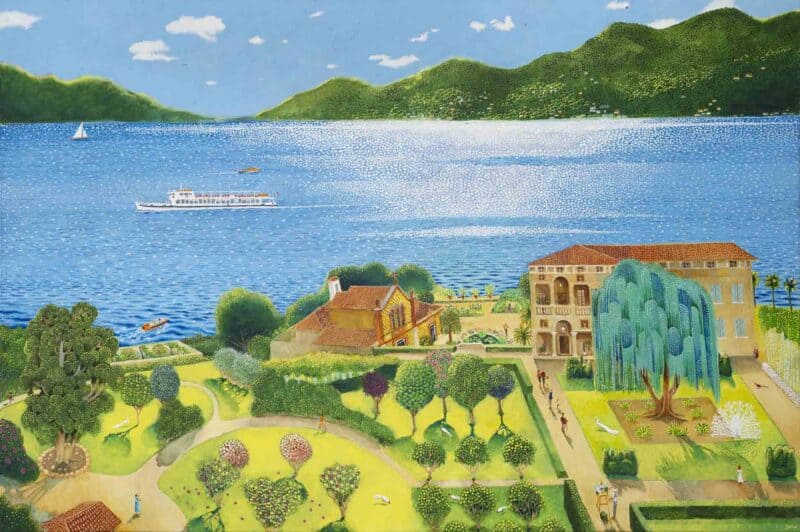 Isola Madre shown in a colourful landscape painting with the lake, villa and gardens