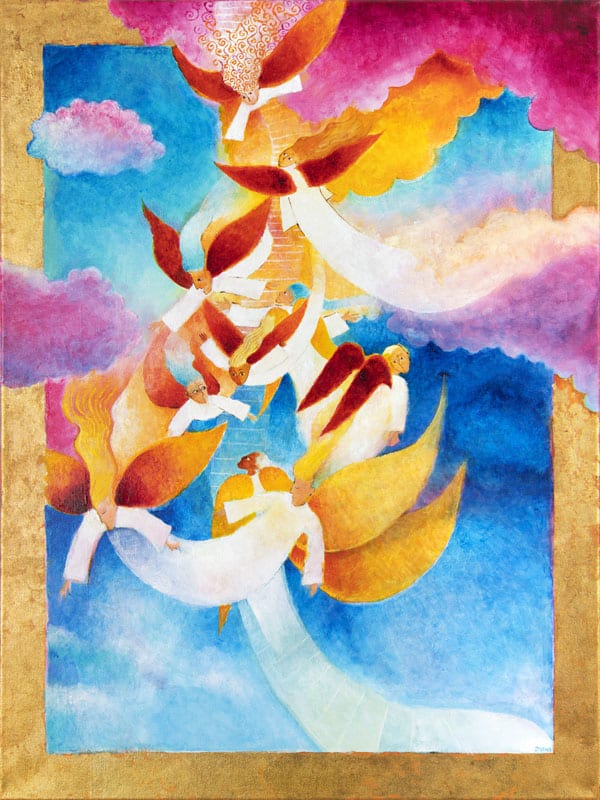 Jacob's Ladder, painting by Darius Gilmont showing angels ascending and descending.