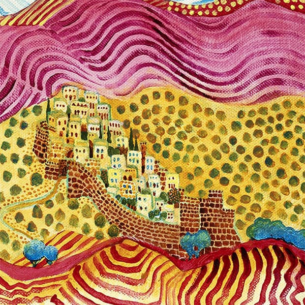A Colourful Landscape of the Jerusalem Hills, Ancient walled city surrounded by hills and olive groves (detail)