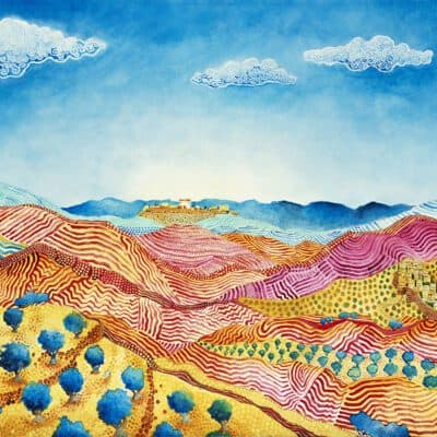 Jerusalem imagined - a painting of a landscape around Jerusalem in bright colours