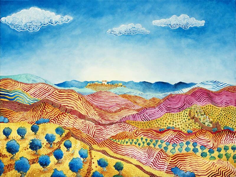 Jerusalem imagined - a painting of a landscape around Jerusalem in bright colours