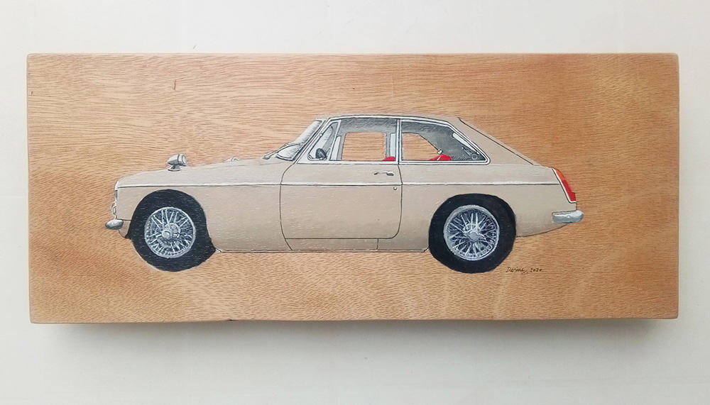 Bespoke car portrait, MGB GT, 1968, painting, acrylic on wood